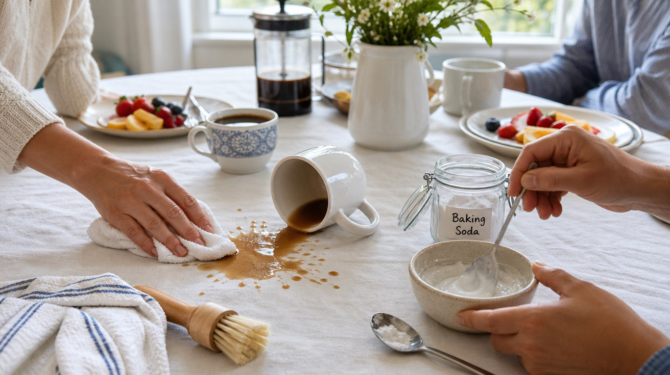 Mão limpando café derramado com pano, outra criando pasta com bicarbonato de sódio em tigela sobre mesa branca.