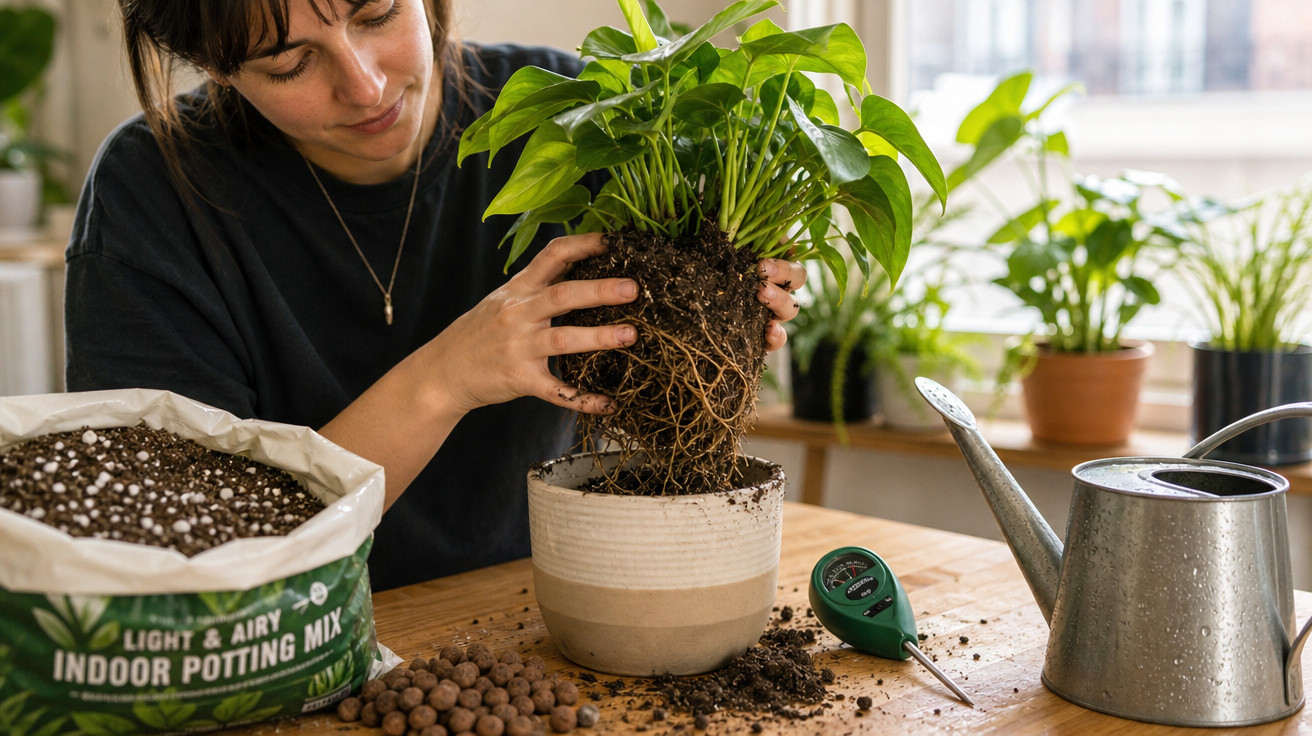 Mulher transplantando planta com raiz exposta em vaso, ao lado de regador e terra para plantio.