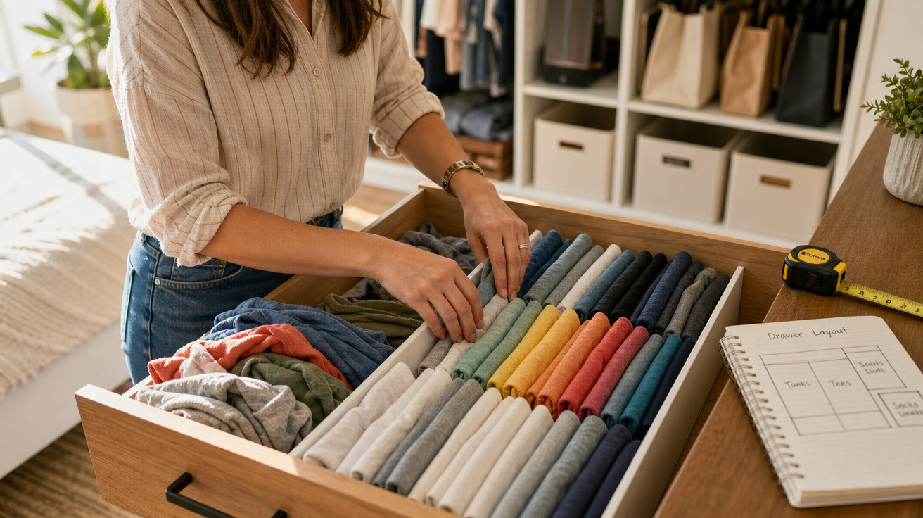 Pessoa organizando roupas dobradas por cores em gaveta de madeira em ambiente de quarto bem iluminado.