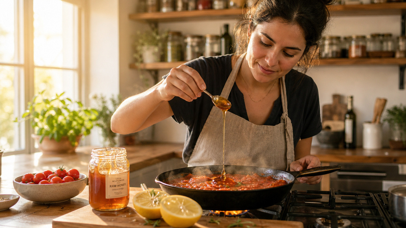 Mulher adiciona mel em panela com molho de tomate em cozinha iluminada e com ingredientes frescos.