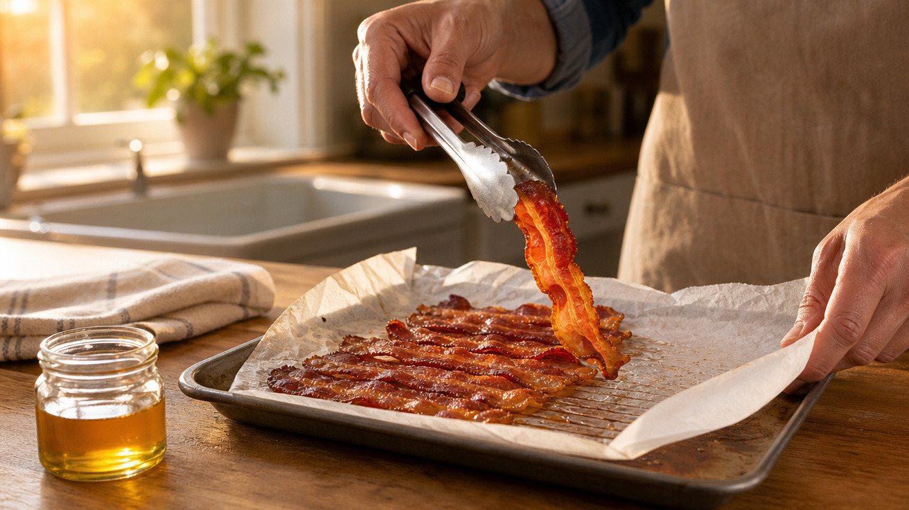 Pessoa segurando bacon crocante com pinça em forno com luz natural e pote de mel na mesa de madeira