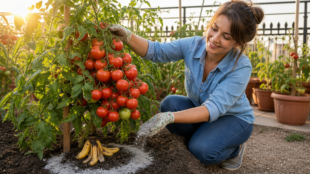 Mulher regando planta de tomate com bananas na base em jardim ao pôr do sol.