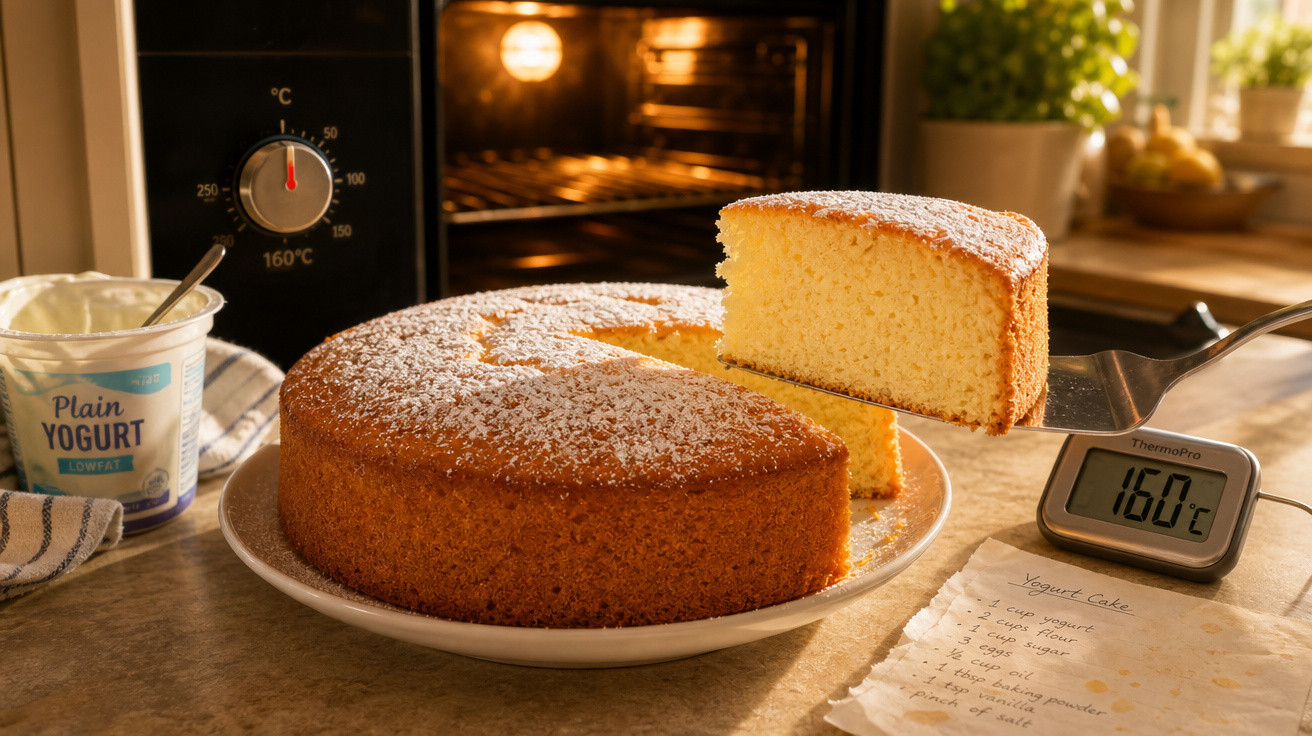 Bolo amarelo com cobertura de açúcar de confeiteiro sendo servido, forno e ingredientes ao fundo.