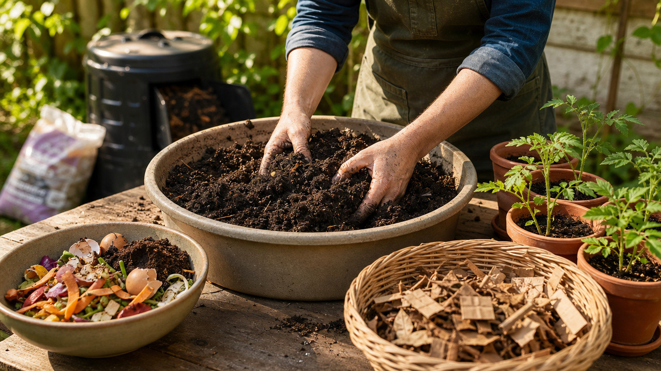 Pessoa misturando terra em vaso para compostagem ao lado de restos orgânicos e plantas em vasos.