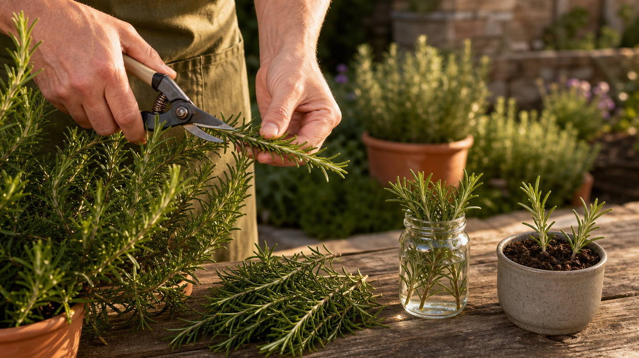 Pessoa cortando ramo de alecrim com tesoura em mesa de madeira com plantas em vasos ao fundo.