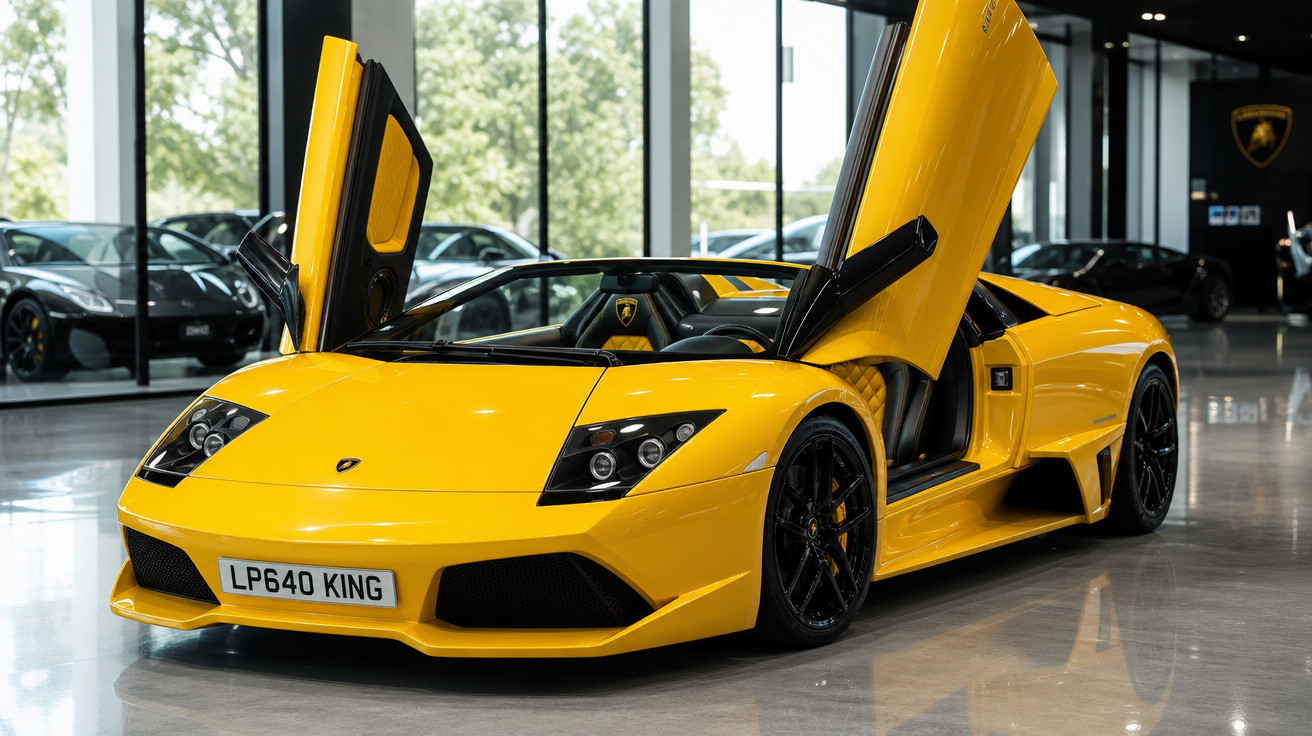 Carro esportivo Lamborghini amarelo com portas abertas para cima em showroom moderno.