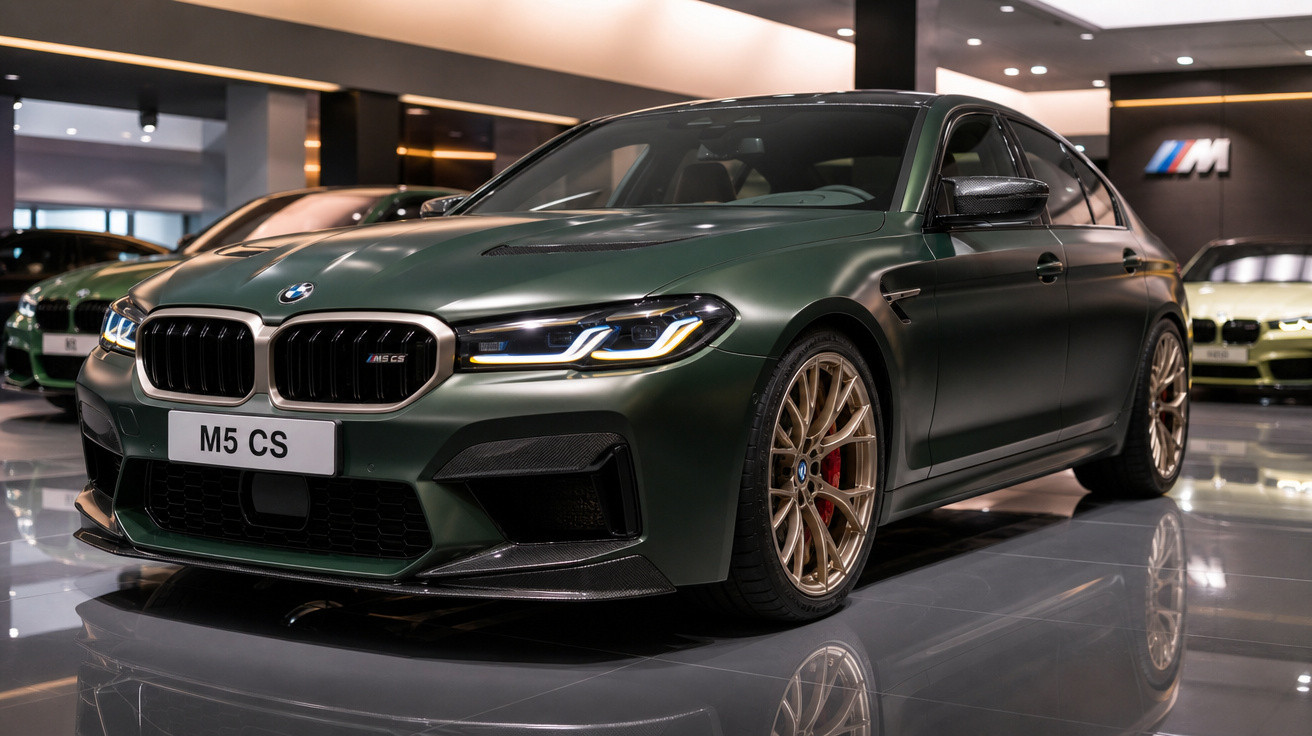 BMW M5 CS verde fosco exposto em showroom com rodas douradas e luzes dianteiras acesas.