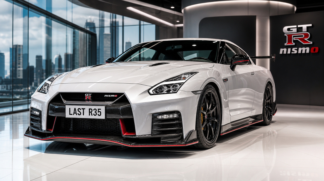 Carro esportivo branco Nissan GT-R Nismo R35 em exposição interna com logo ao fundo.