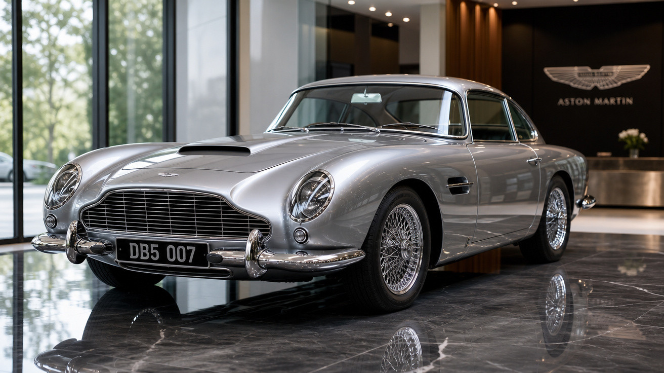 Carro clássico Aston Martin DB5 prata em showroom elegante com piso refletivo e logo na parede ao fundo.