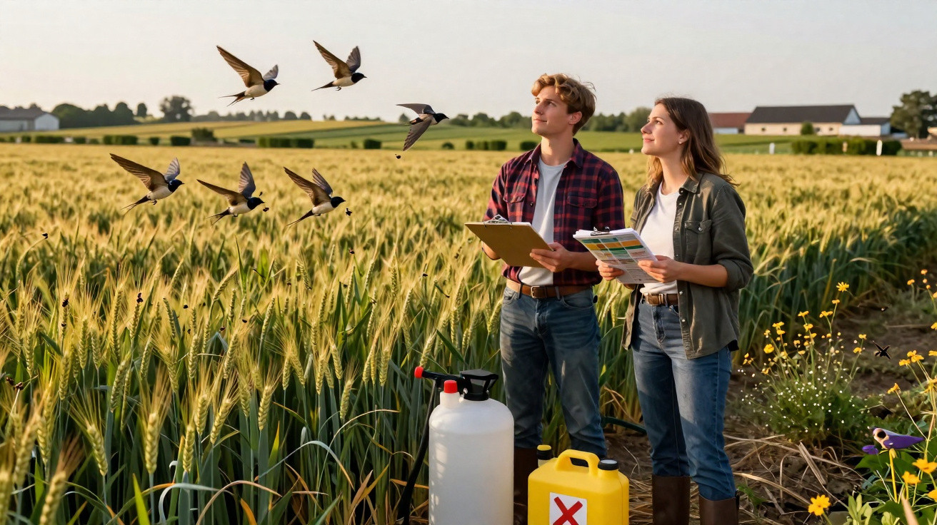 Dois jovens agricultores com pranchetas observam pássaros voando em um campo de trigo ao entardecer.