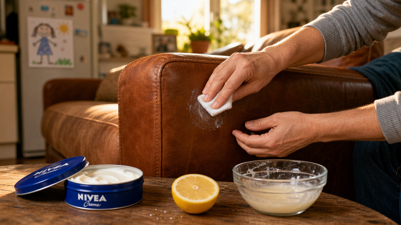 Pessoa limpando sofá de couro marrom com pano branco, creme Nivea, limão e tigela com pasta branca na mesa.