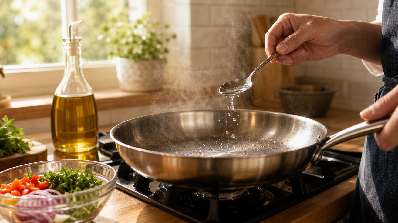 Pessoa adiciona sal em frigideira quente com ingredientes frescos ao lado em cozinha iluminada natural.