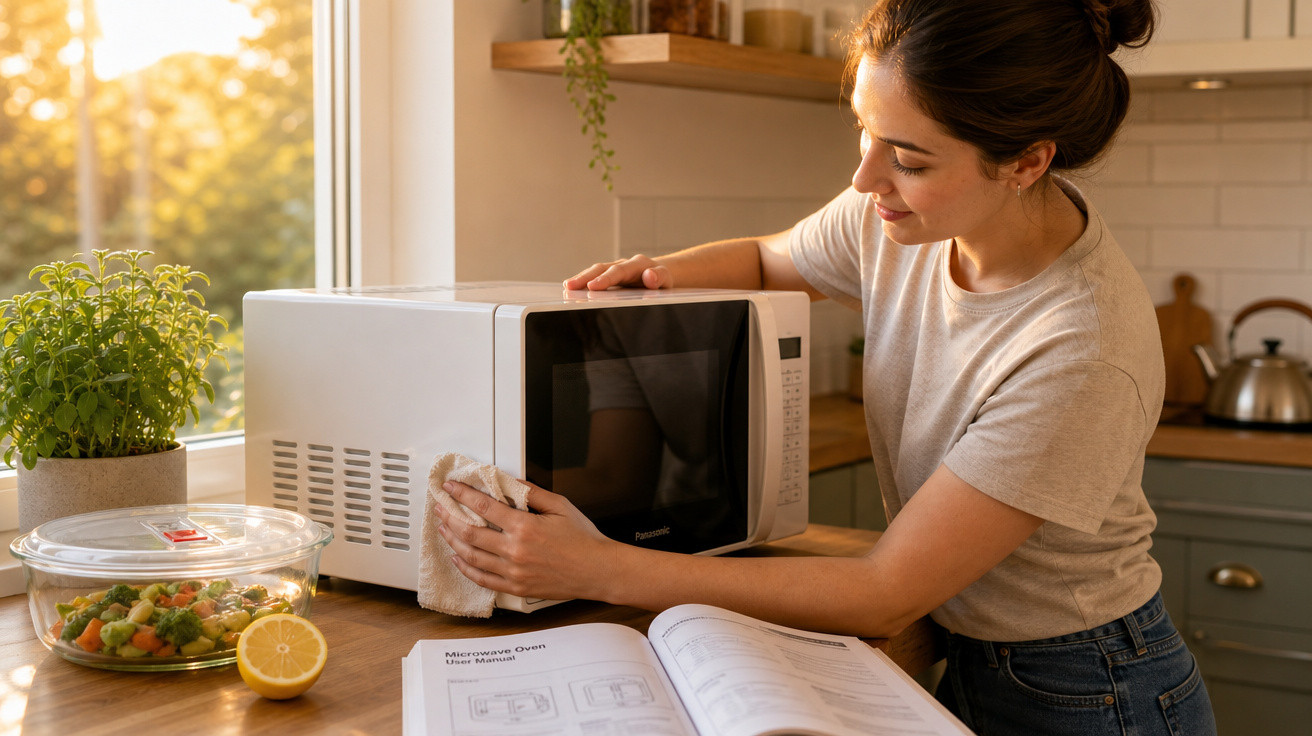 Mulher limpando por fora um micro-ondas branco na cozinha, com livro aberto e comida ao lado.