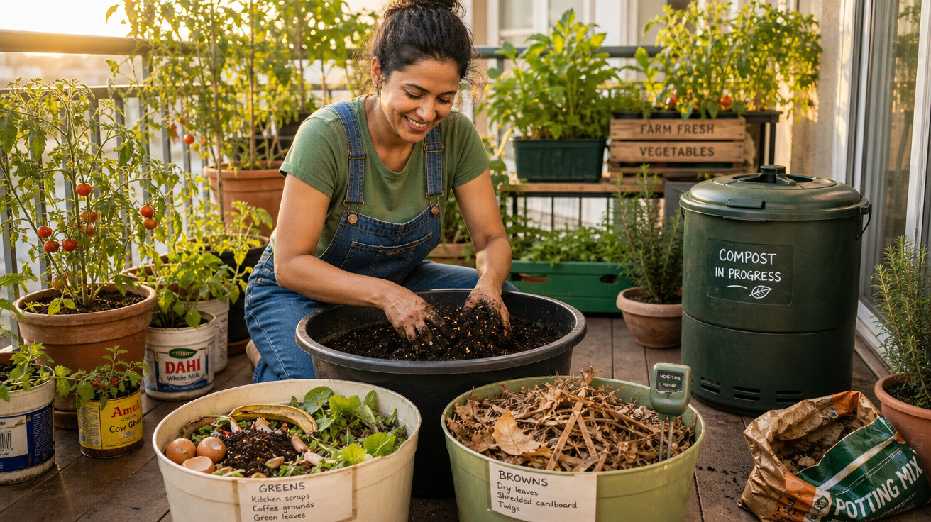 Mulher sorridente fazendo compostagem em varanda com plantas em vasos e recipientes de resíduos orgânicos.
