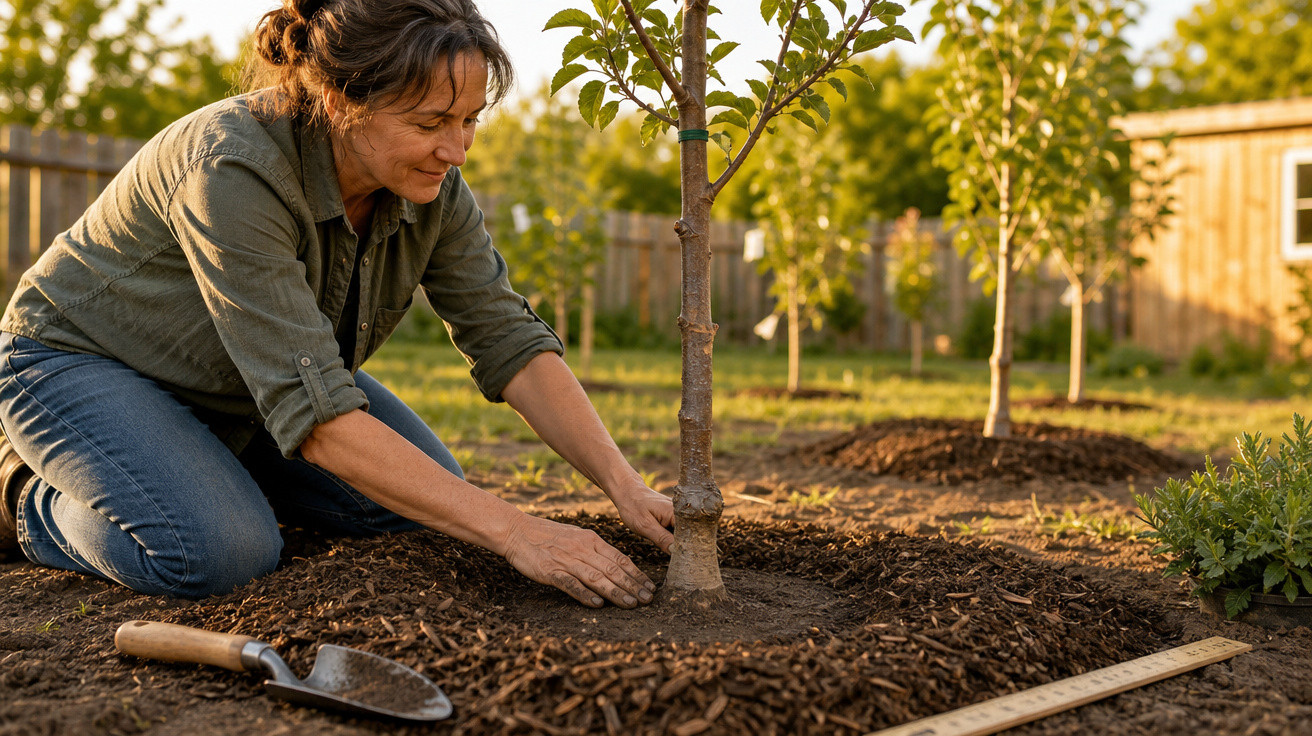 Mulher plantando árvore jovem em jardim ensolarado com ferramentas de jardinagem ao lado.