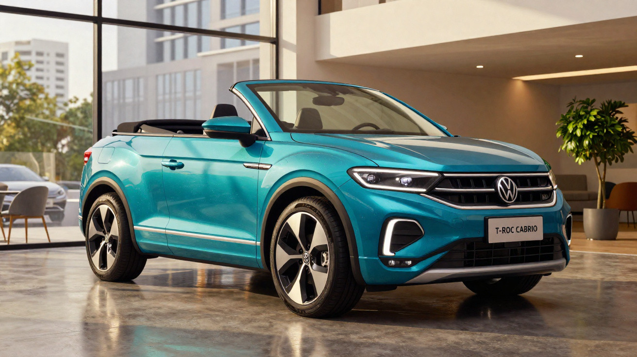 Carro conversível Volkswagen T-Roc Cabrio azul em ambiente interno moderno e iluminado.