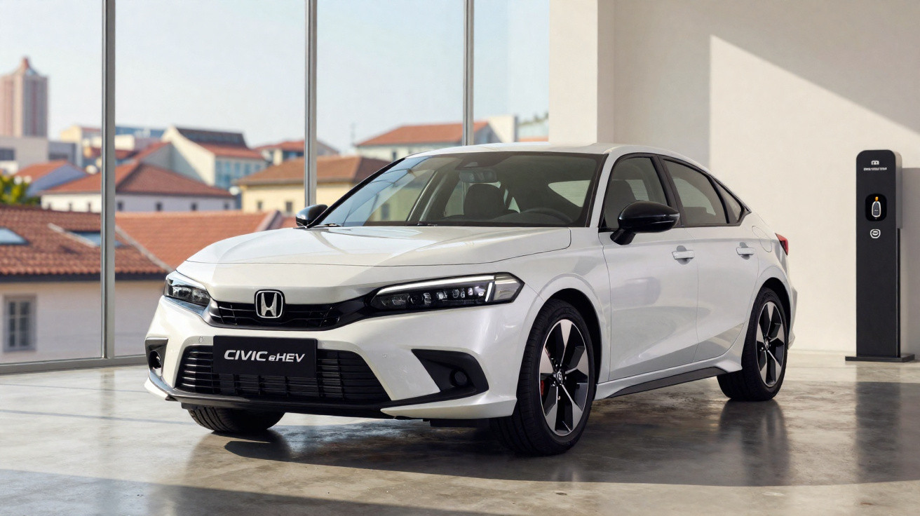 Carro Honda Civic e:HEV branco estacionado em garagem com parede e janela de vidro ao fundo.