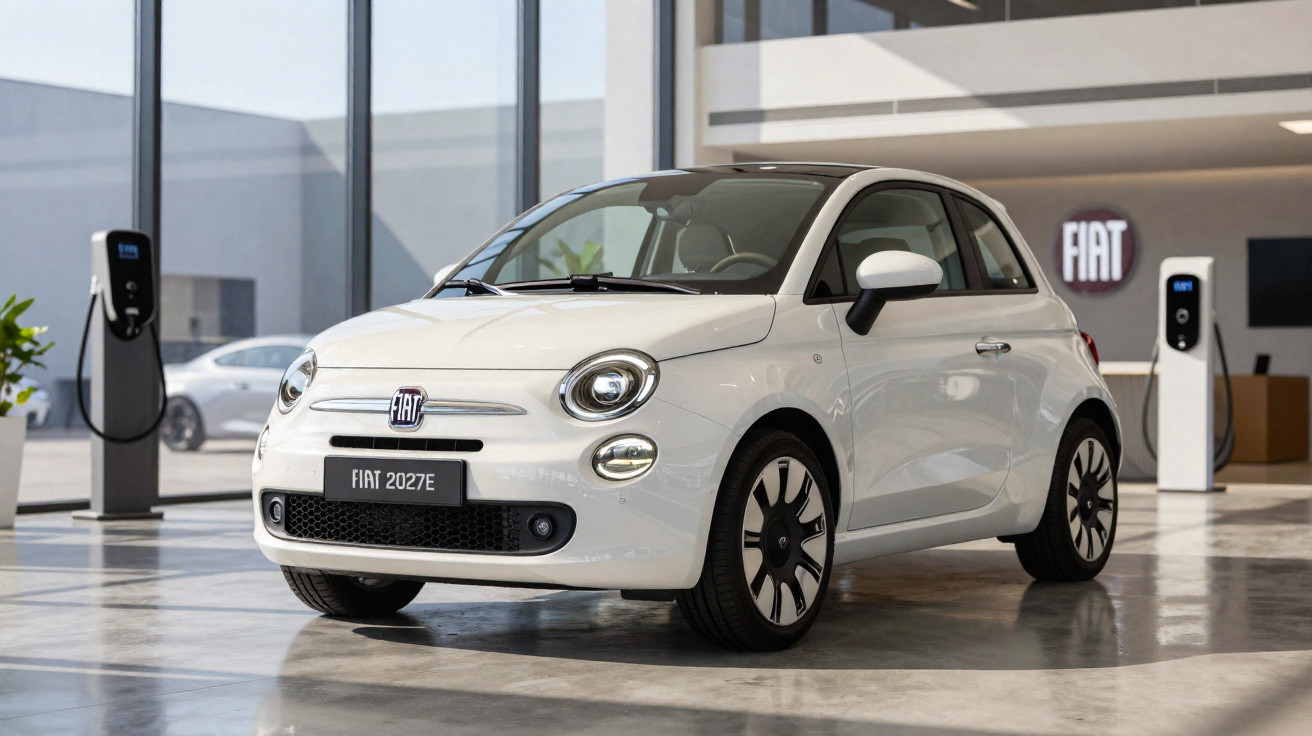 Carro elétrico branco Fiat 2027E em showroom moderno com estações de recarga ao fundo.