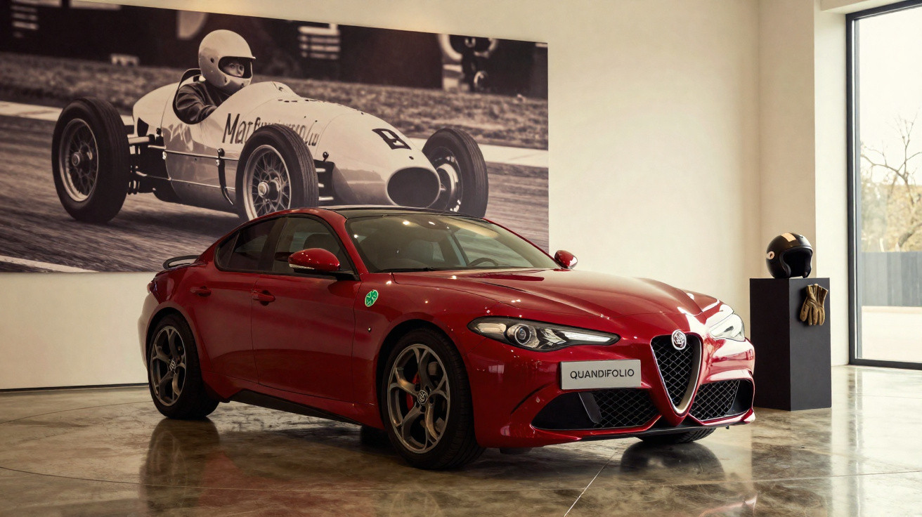 Carro esportivo Alfa Romeo vermelho exposto em ambiente interno com pôster de corrida vintage ao fundo.