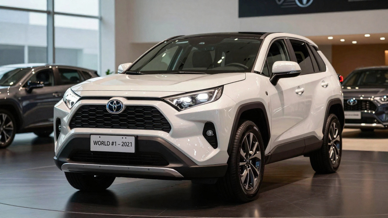 SUV Toyota Corolla Cross branco exibido em salão de automóveis moderno.