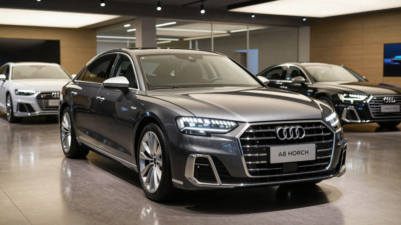 Carro cinza Audi A8 Horch em exposição dentro de showroom moderno e iluminado.