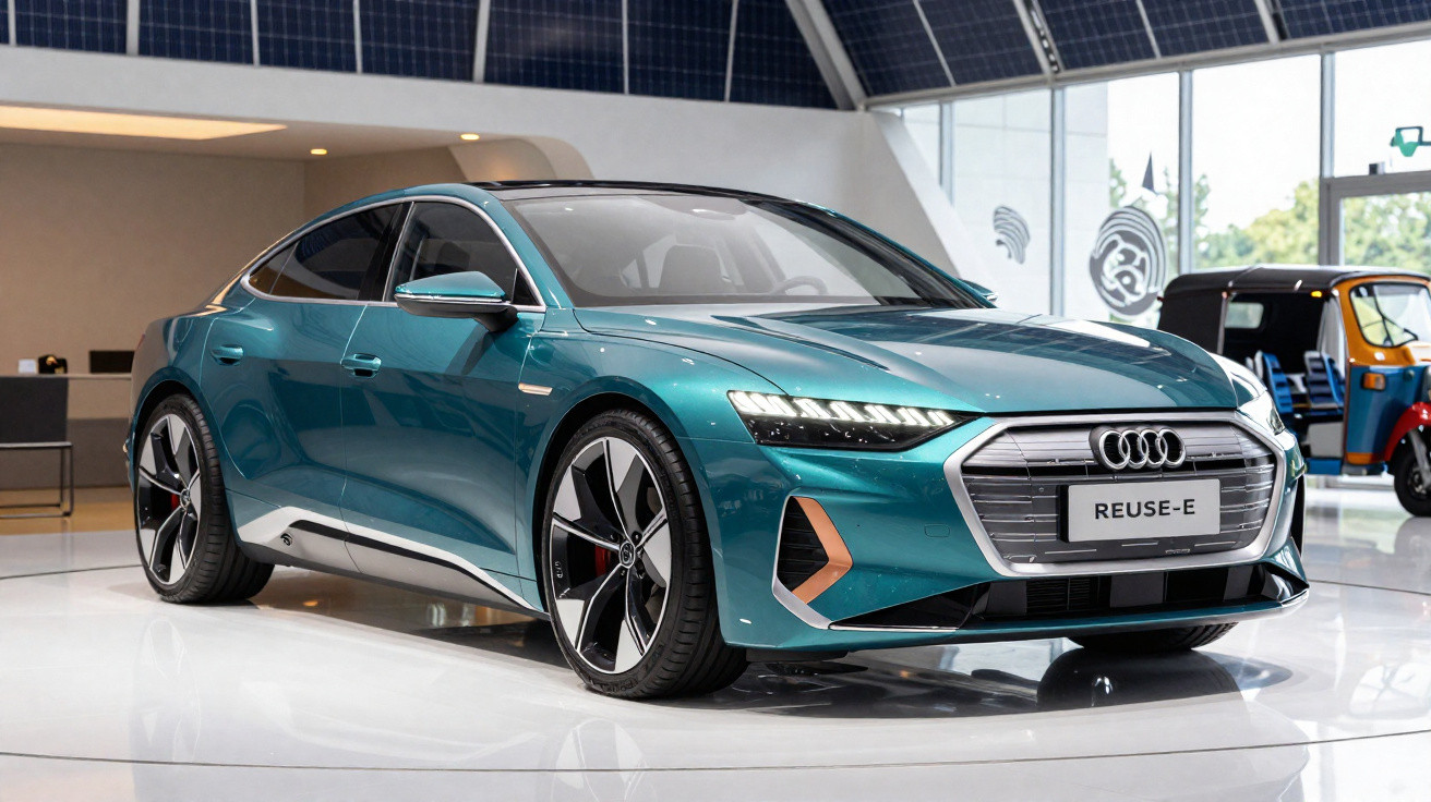 Carro elétrico esportivo azul Audi REUSE-E em exposição interna com luz natural.