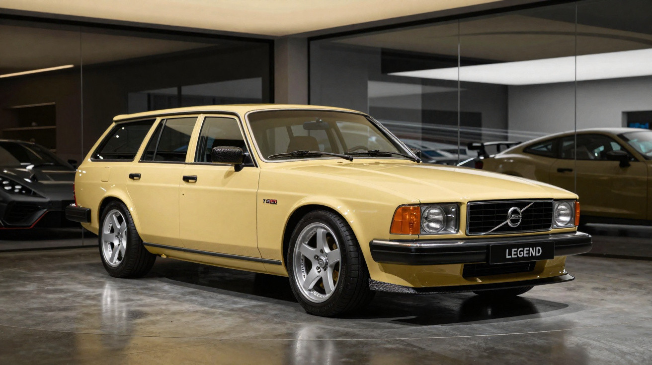 Carro Volvo amarelo modelo clássico perua estacionado em sala moderna com parede de vidro.