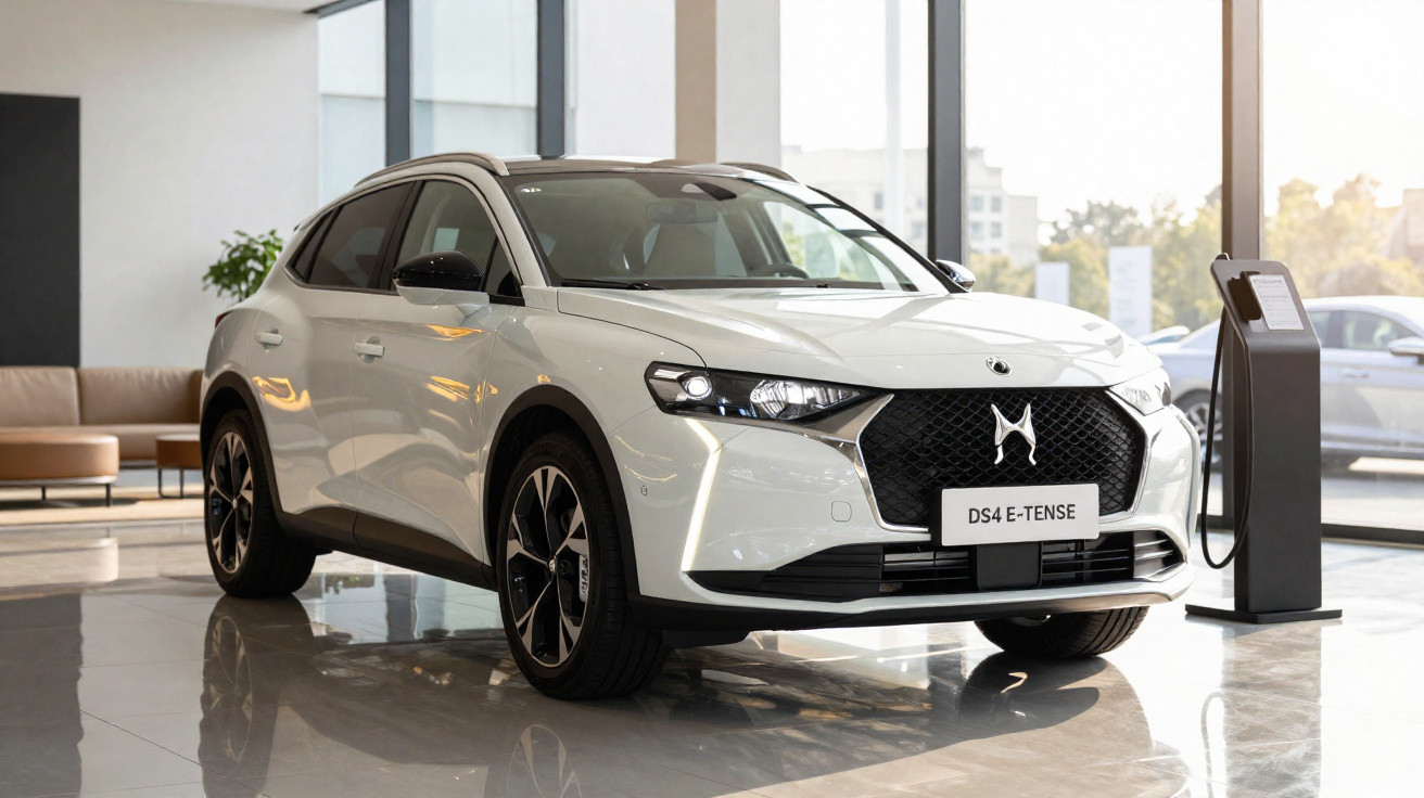 Carro elétrico branco DS4 E-TENSE exibido em showroom moderno com carregador ao lado.