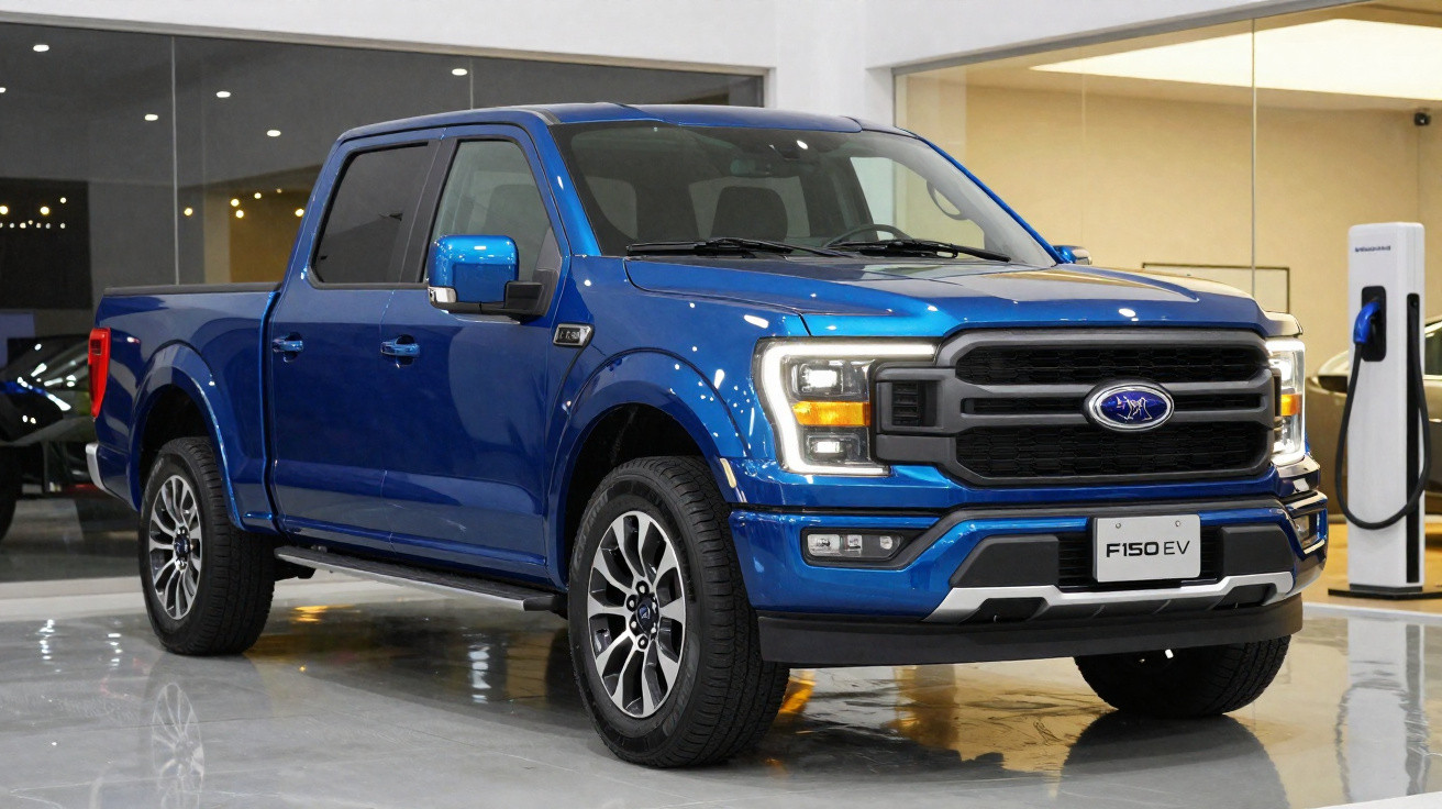 Picape elétrica Ford F-150 EV azul estacionada em área interna moderna, próxima a estação de recarga.