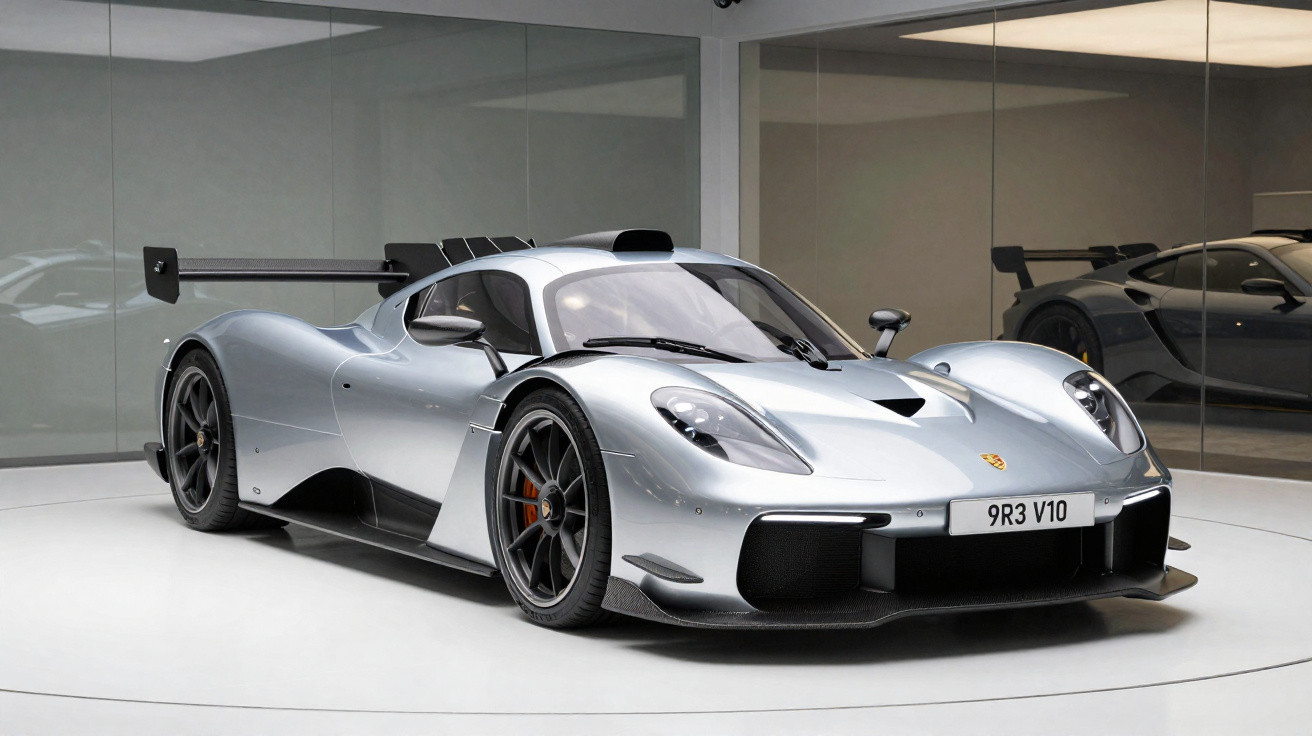 Carro esportivo prata Porsche 9R3 V10 em exposição com parede de vidro refletindo o veículo.
