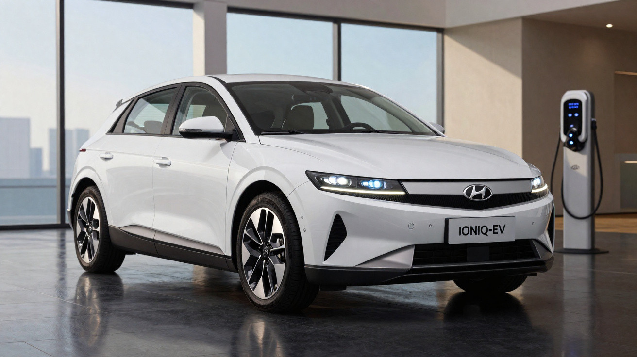 Carro elétrico branco Hyundai Ioniq EV estacionado em garagem com estação de recarga ao fundo.