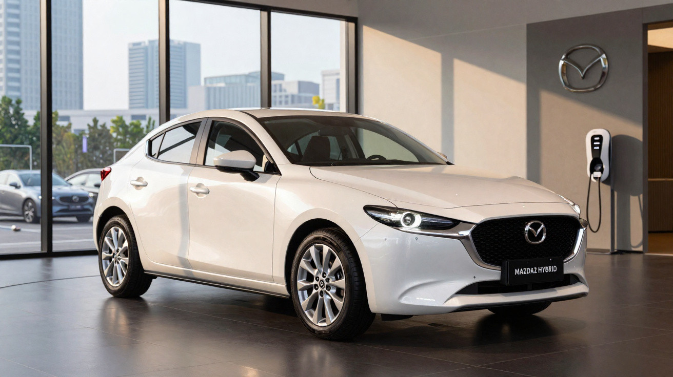 Carro branco Mazda2 Hybrid estacionado em showroom moderno com grandes janelas e estação de carregamento elétrica.