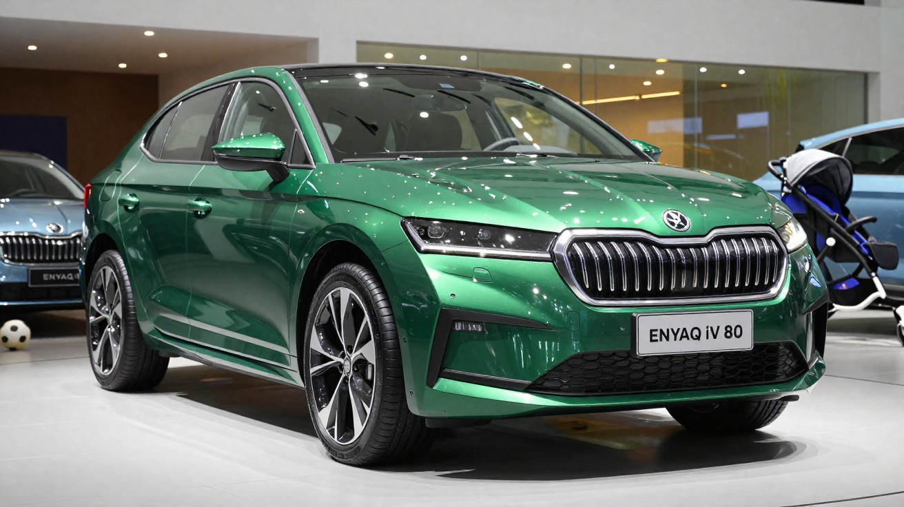 Carro elétrico verde Škoda Enyaq iV 80 exposto em salão de automóveis moderno.