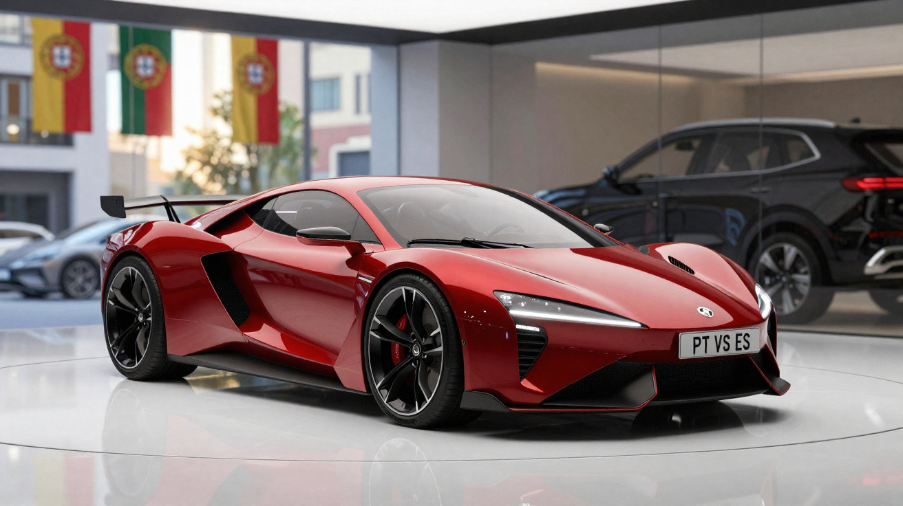 Carro esportivo vermelho apresentado em showroom moderno com outras viaturas ao fundo.