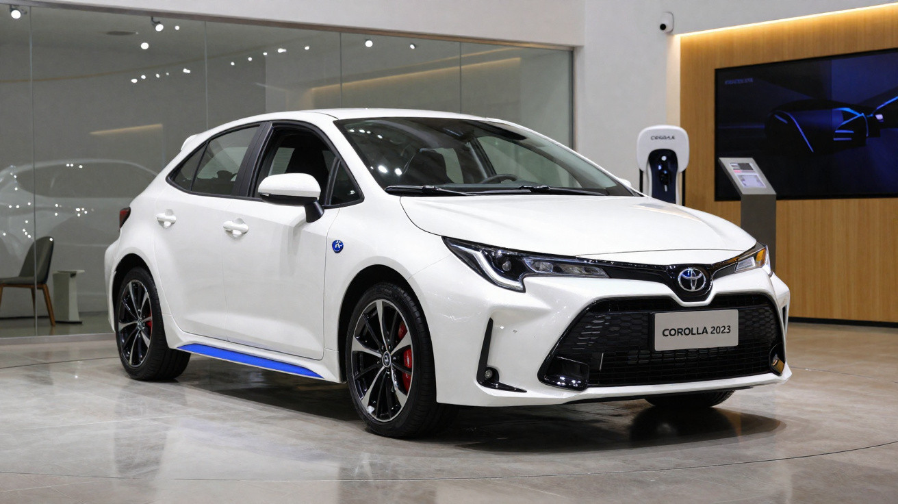 Carro branco Toyota Corolla 2023 exposto em showroom moderno com piso brilhante e carregador elétrico ao fundo.