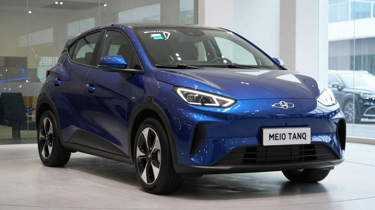 Carro elétrico azul exposto em showroom moderno com detalhes aerodinâmicos e placas com texto Meio Tanq.