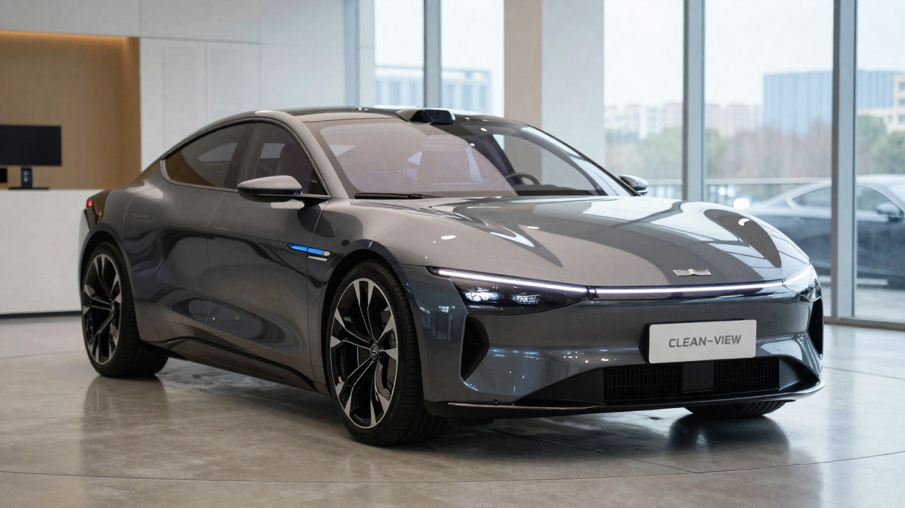 Carro elétrico cinza moderno estacionado em ambiente interno com grandes janelas ao fundo.