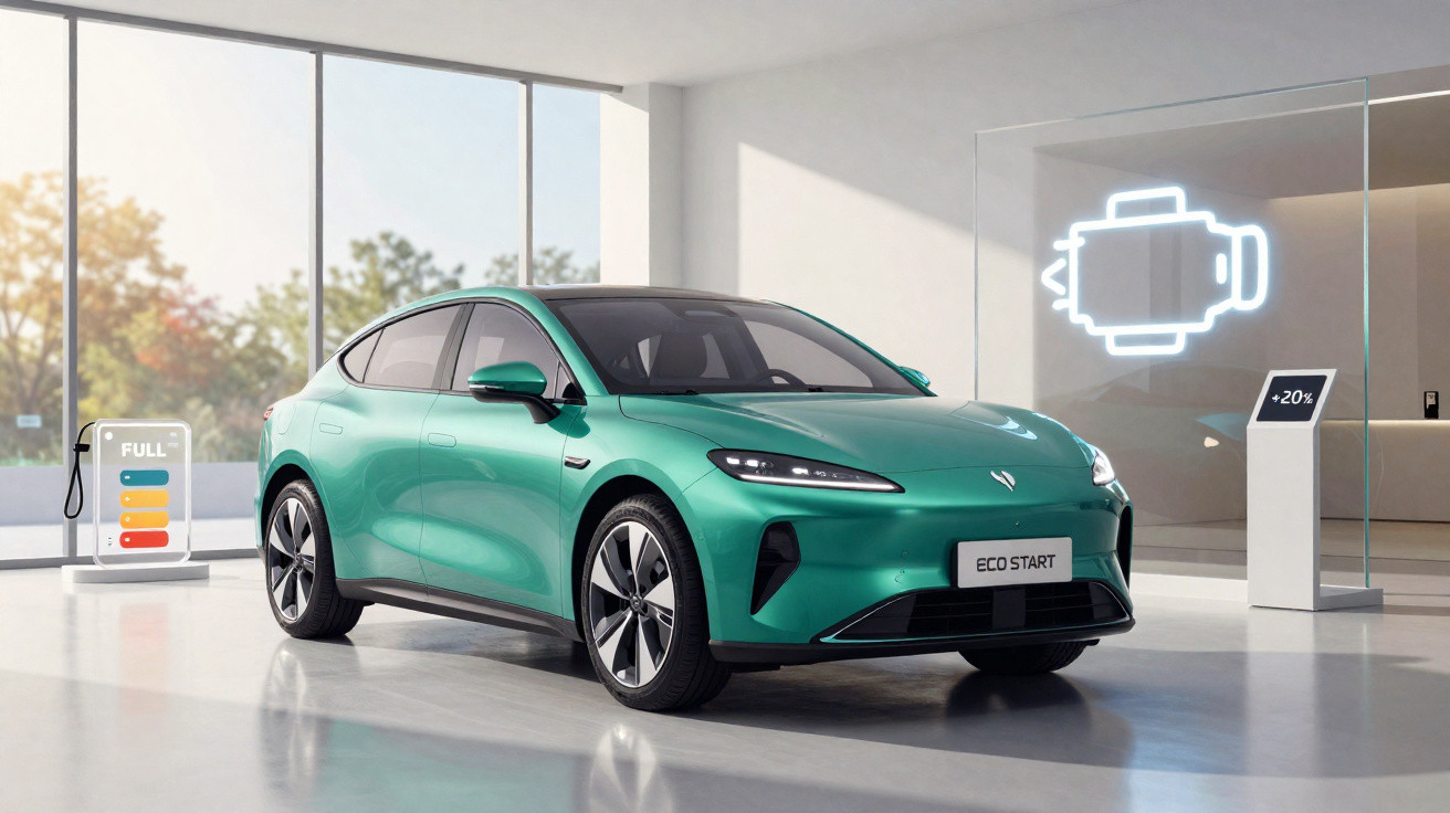 Carro elétrico verde em showroom moderno com símbolo de motor elétrico iluminado ao fundo.