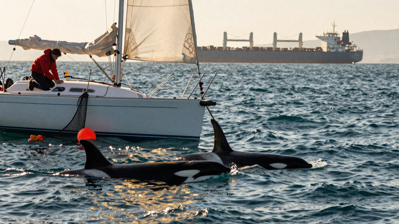 Barco à vela com marinheiro próximo de duas orcas nadando em mar calmo, com navio cargueiro ao fundo.