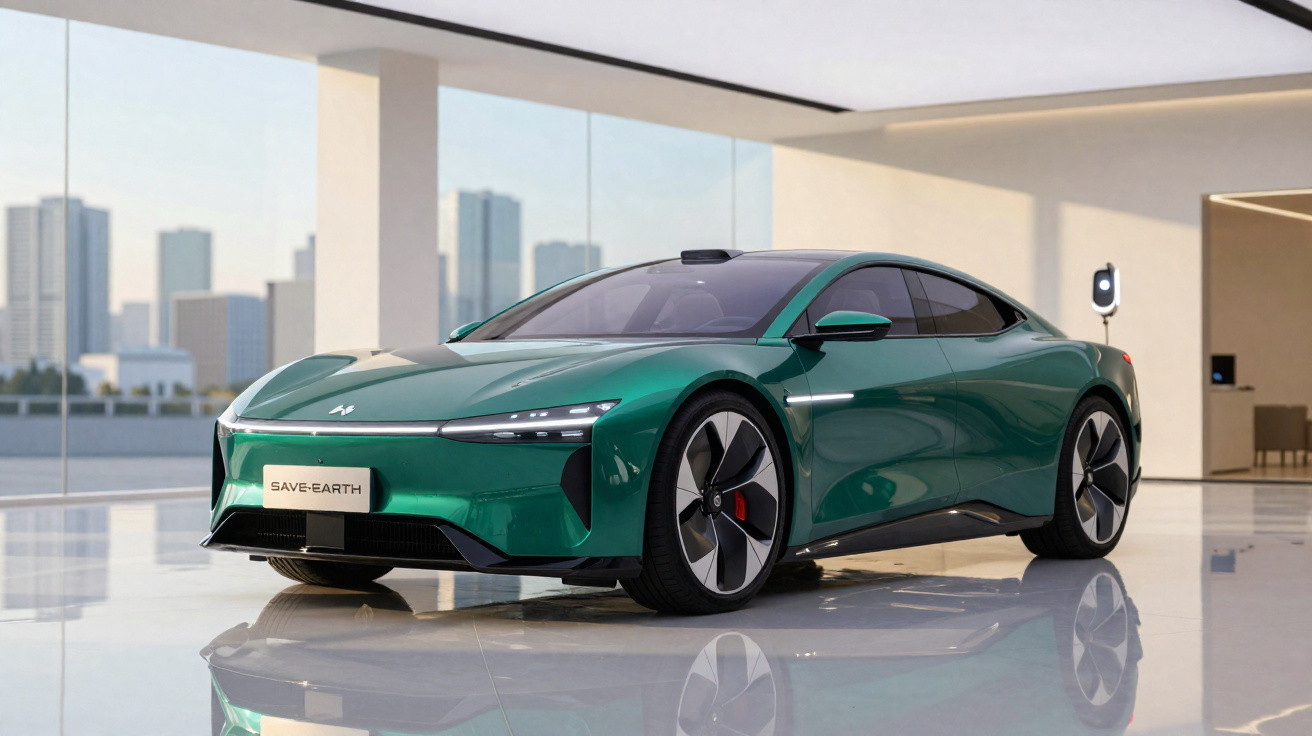 Carro esportivo elétrico verde metálico em showroom moderno com vista para prédios ao fundo.