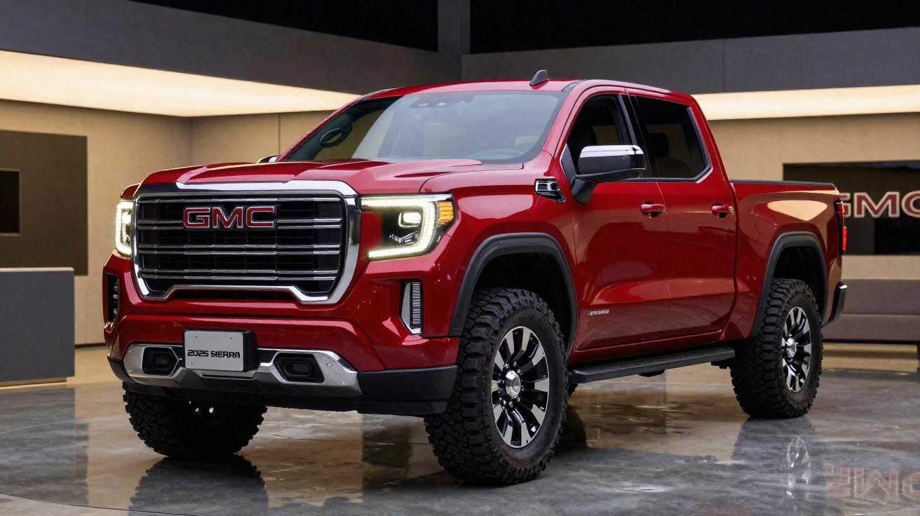 Picape vermelha GMC Sierra 2025 em ambiente interno com faróis acesos.