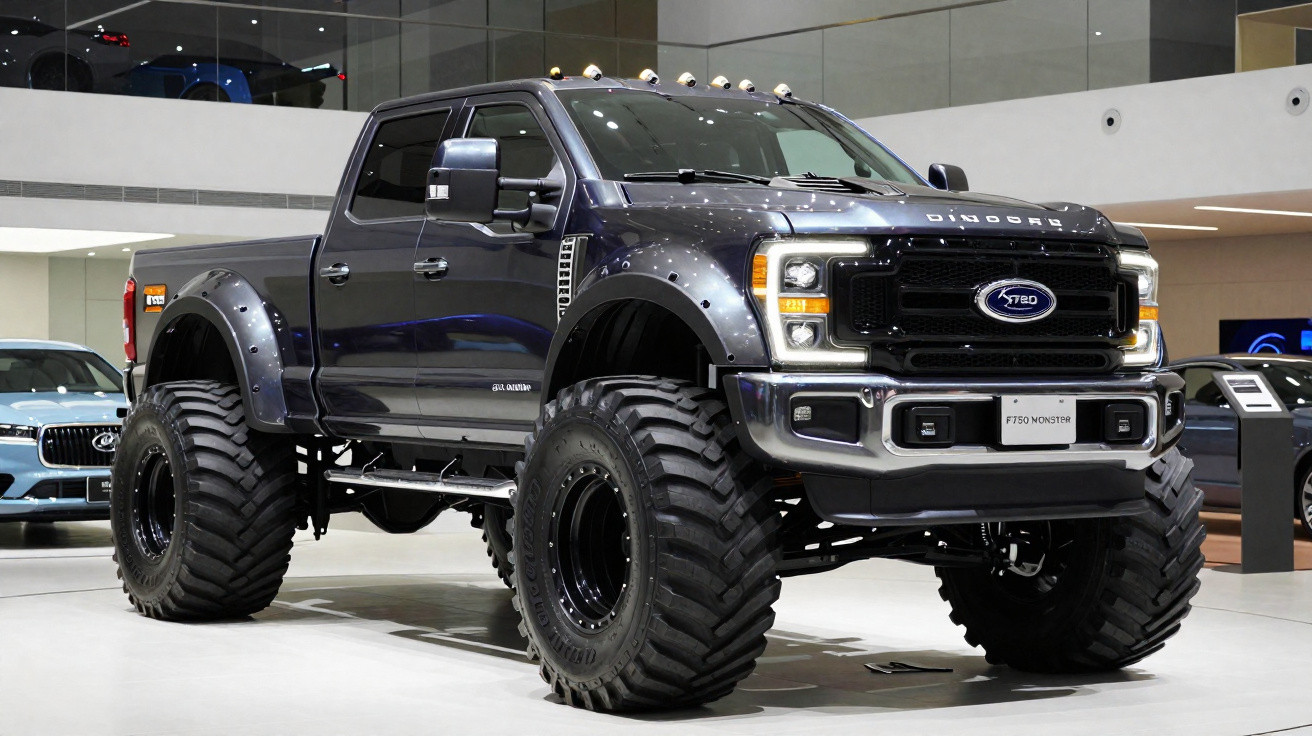 Picape preta Ford F-750 Monster com pneus off-road enormes em exposição dentro de showroom.