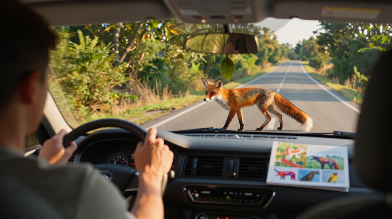 Raposa atravessando a estrada vista do interior de um carro com motorista atento ao volante.