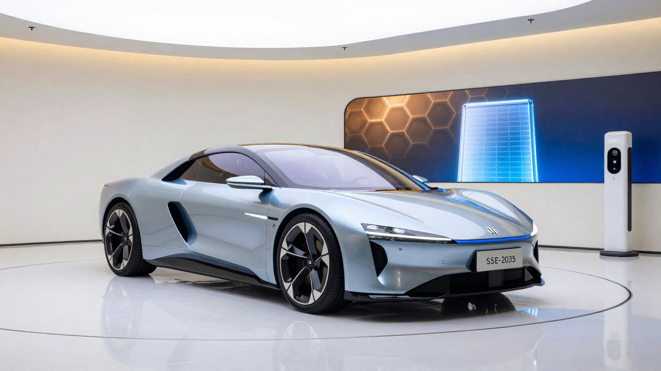 Carro esportivo elétrico prata exposto em ambiente moderno com carregador ao fundo.