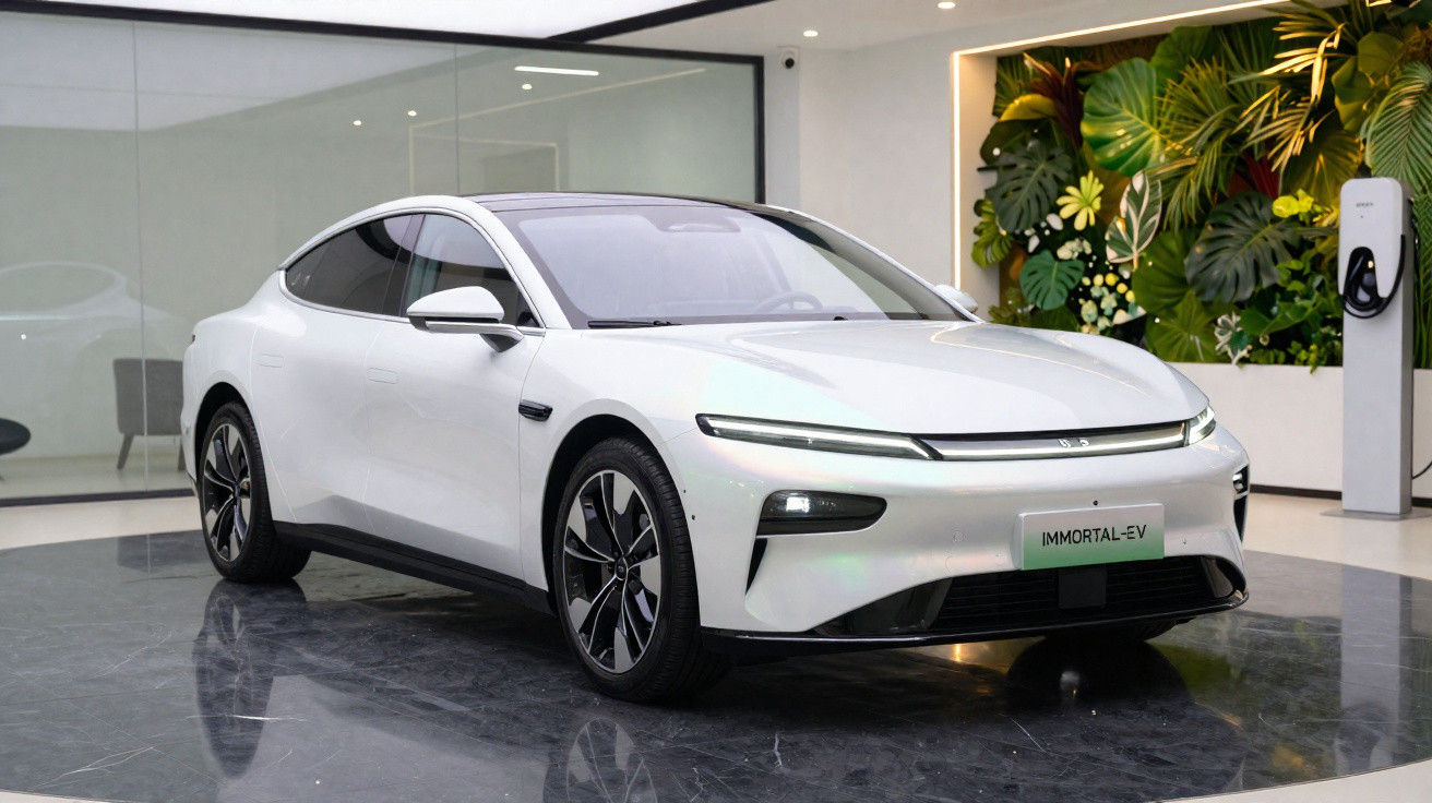 Carro elétrico branco estacionado em ambiente interno moderno com parede decorada e carregador elétrico.