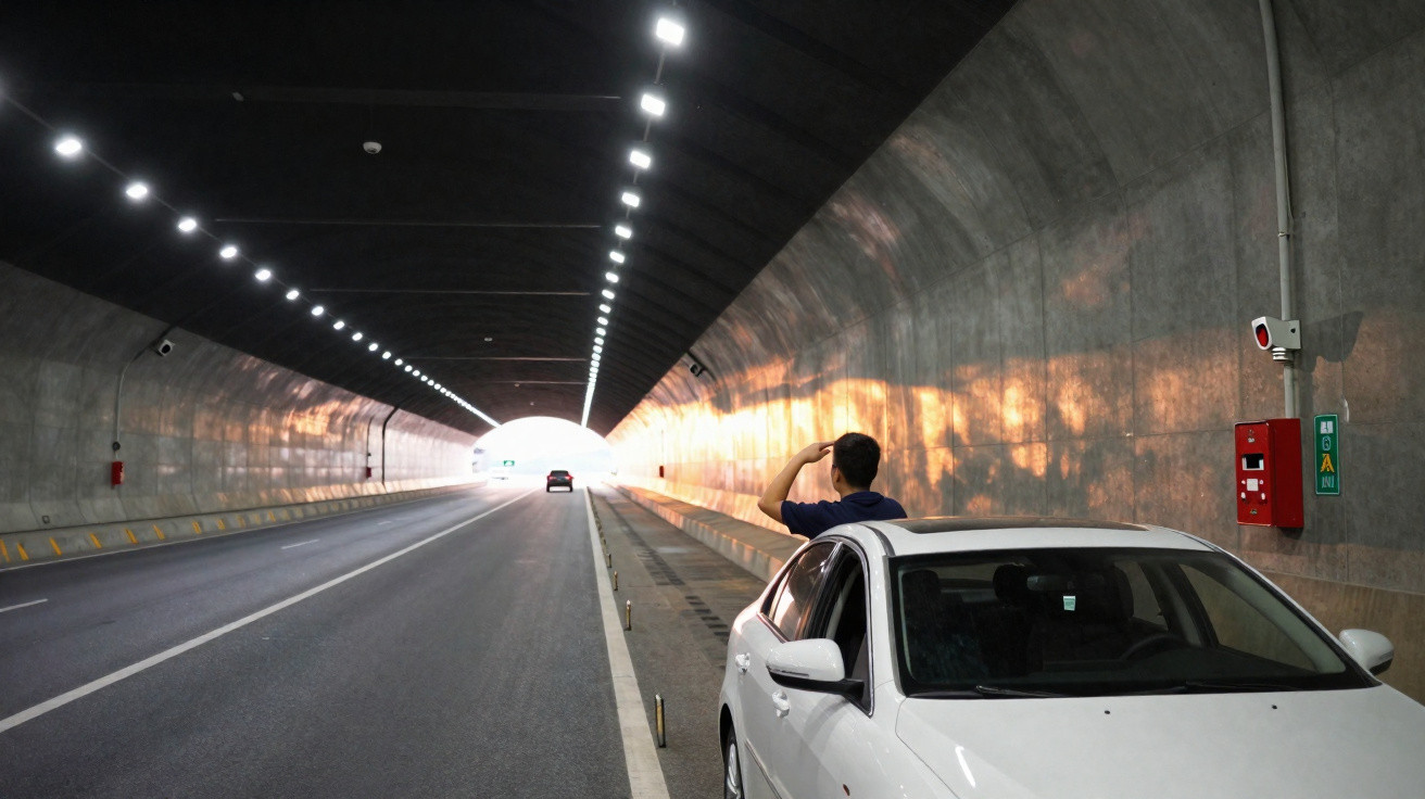 Homem parado dentro de carro branco observa saída iluminada de túnel vazio com paredes de concreto.