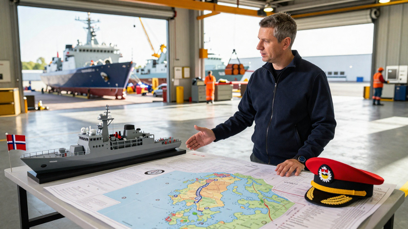 Homem em galpão naval com modelo de navio, mapa náutico e boina vermelha sobre a mesa.