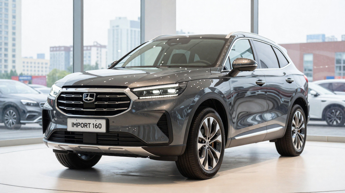 Carro SUV cinza escuro exposto em showroom com placas "IMPORT 160" e fundo urbano desfocado.