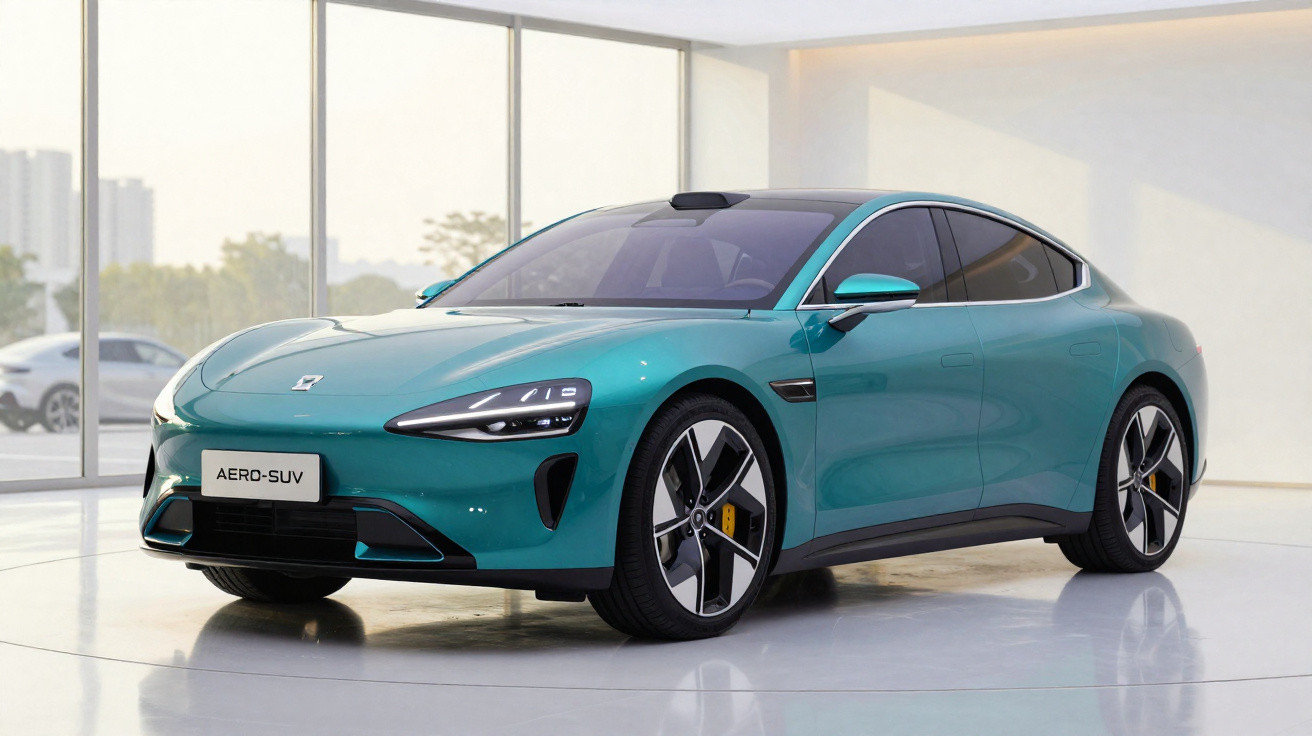 Carro elétrico verde modelo Aero-SUV exibido em showroom com vidros grandes e piso branco.