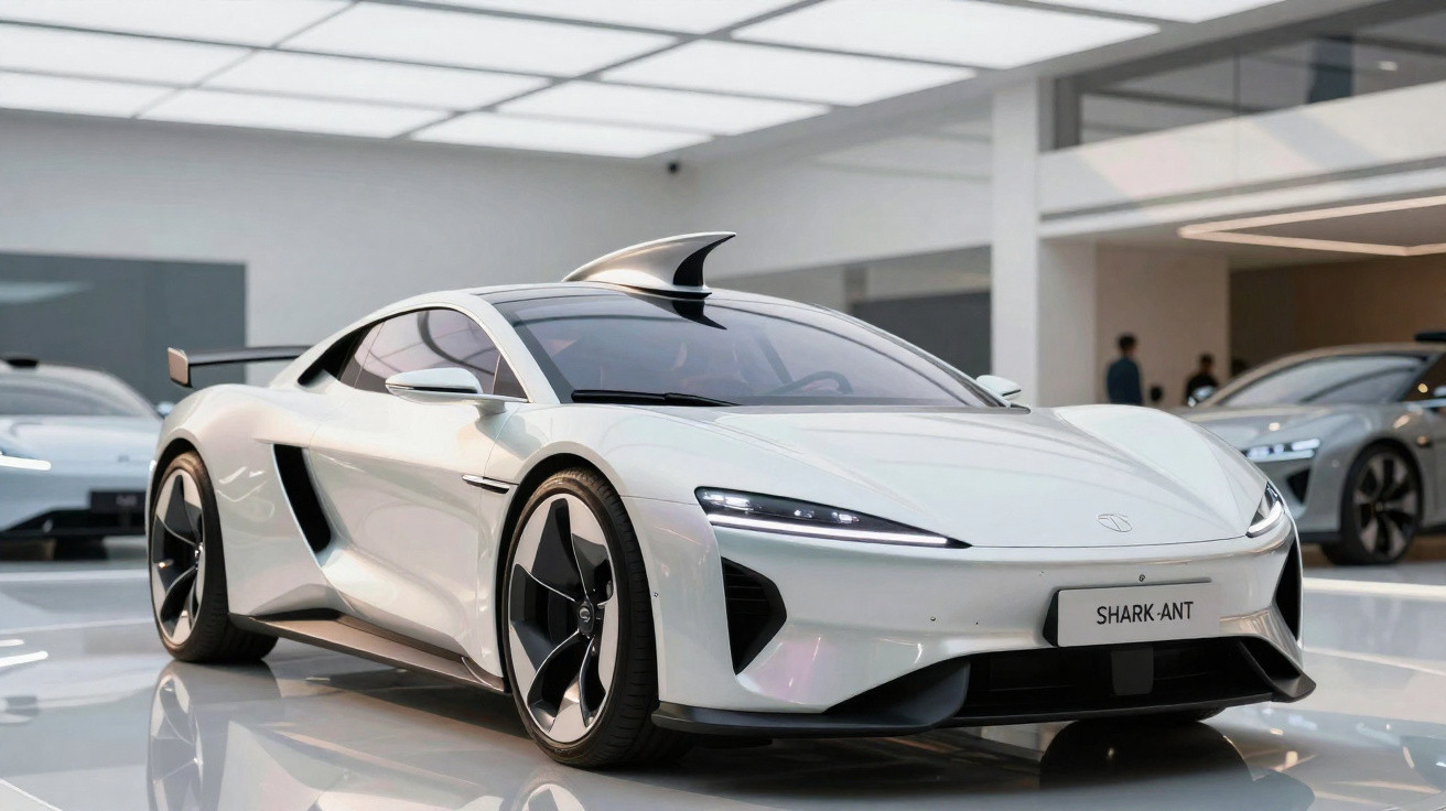Carro esportivo branco futurista modelo Shark-Ant em showroom moderno com luzes no teto.